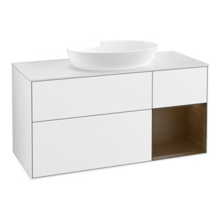 V&B Meuble sous lavabo Finion 120 cm, éclairage mural, placage noyer, blanc brillant Lac