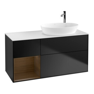 V&B Meuble sous lavabo Finion 120 cm, éclairage mural, placage noyer, blanc mat, façade bleue mat lacquée