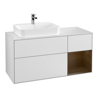 V&B Meuble sous lavabo Finion 120 cm, éclairage mural, placage noyer, blanc mat laqué