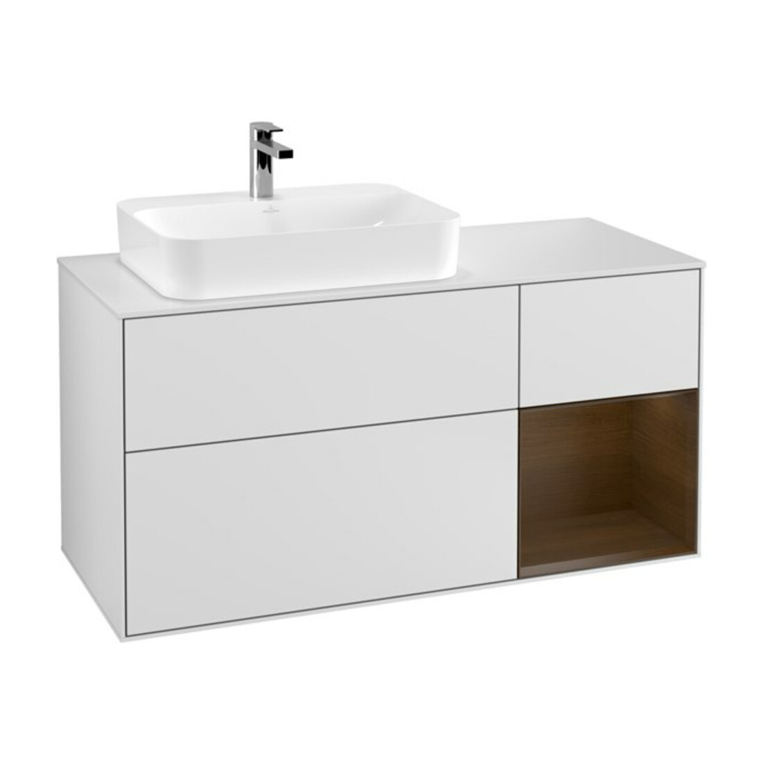 V&B Meuble sous lavabo Finion 120 cm, éclairage mural, placage noyer, blanc mat laqué