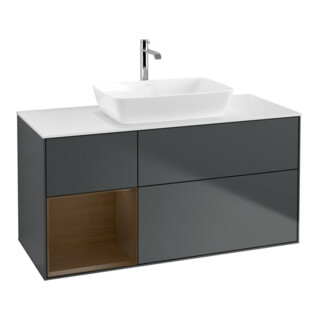 V&B Meuble sous lavabo Finion 120 cm, éclairage mural, placage noyer, bleu mat avec laque
