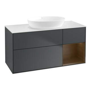 V&B Meuble sous-lavabo Finion 120 cm, éclairage mural, placage noyer, bleu mat avec laque