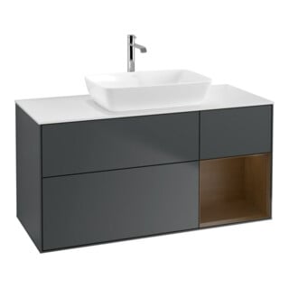 V&B Meuble sous lavabo Finion 120 cm, éclairage mural, placage noyer, bleu mat avec laque