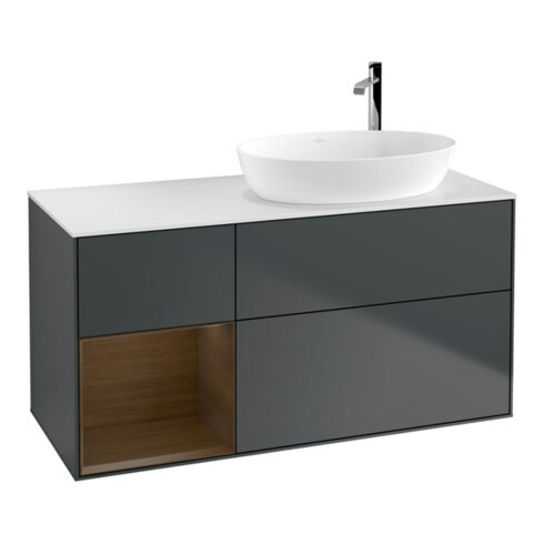 V&B Meuble sous-lavabo Finion 120 cm, éclairage mural, placage noyer, bleu mat avec laque