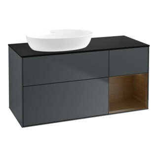 V&B Meuble sous-lavabo Finion 120 cm, éclairage mural, placage noyer, bleu mat avec laque