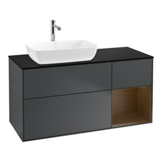 V&B Meuble sous lavabo Finion 120 cm, éclairage mural, placage noyer, bleu mat avec laque