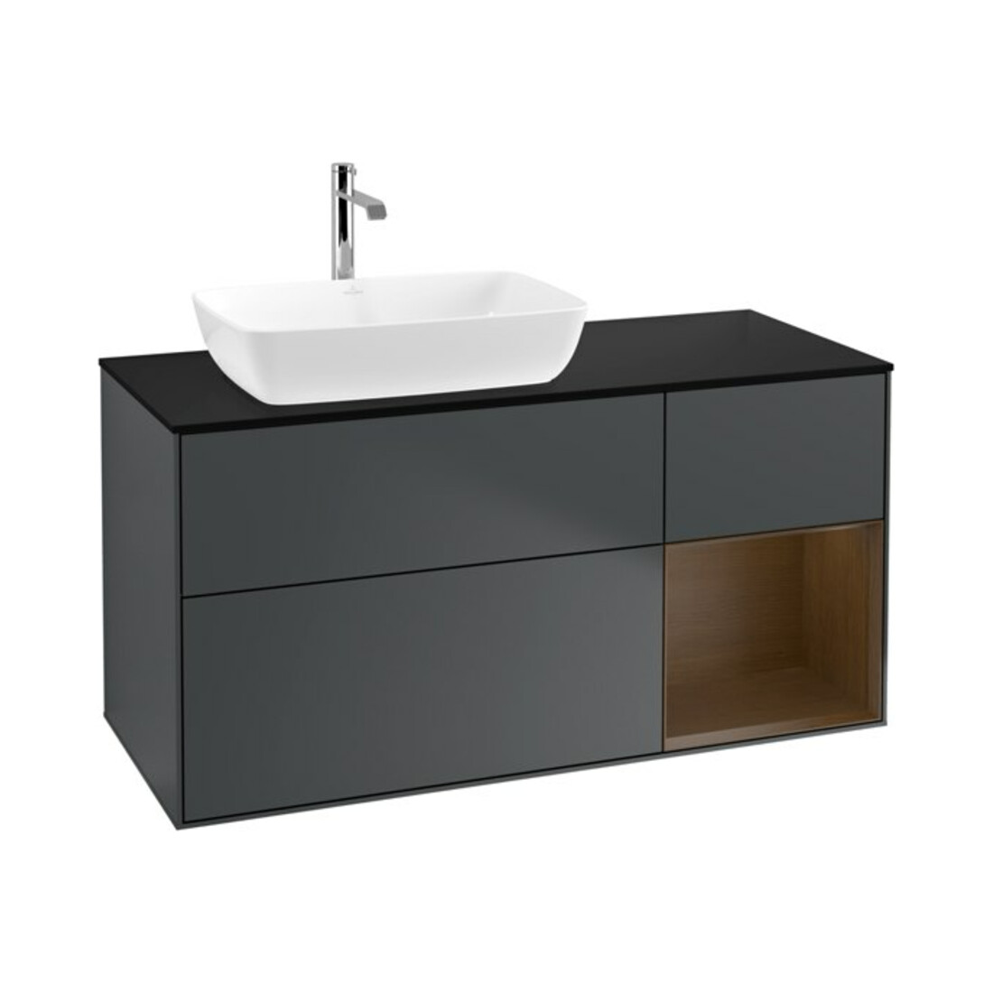 V&B Meuble sous lavabo Finion 120 cm, éclairage mural, placage noyer, bleu mat avec laque