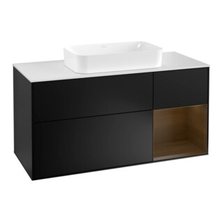 V&B Meuble sous lavabo Finion 120 cm, éclairage mural, placage noyer, bleu mat Lac
