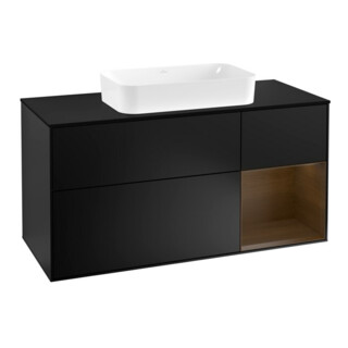V&B Meuble sous lavabo Finion 120 cm, éclairage mural, placage noyer, bleu mat laqué