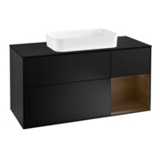 V&B Meuble sous lavabo Finion 120 cm, éclairage mural, placage noyer, bleu mat laqué