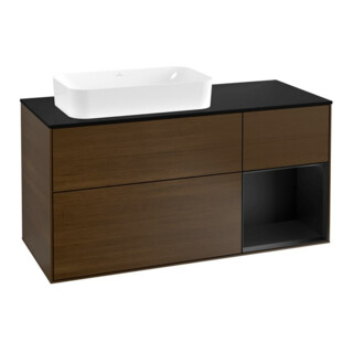 V&B Meuble sous lavabo Finion 120 cm, éclairage mural, placage noyer, façade laquée bleue