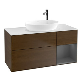 V&B Meuble sous lavabo Finion 120 cm, éclairage mural, placage noyer, laqué blanc