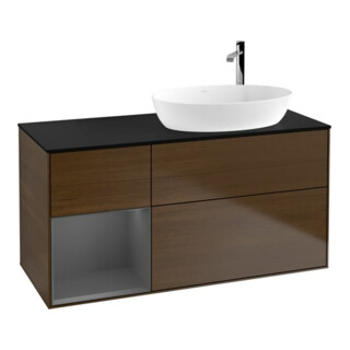 V&B Meuble sous lavabo Finion 120 cm, éclairage mural, placage noyer, laque blanc mat