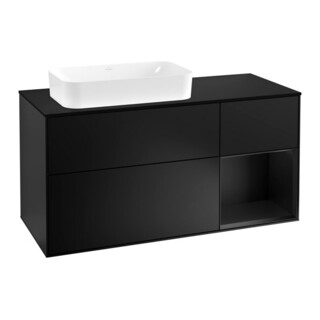 V&B Meuble sous lavabo Finion 120 cm, éclairage mural, placage noyer, laqué bleu