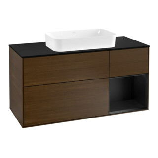 V&B Meuble sous lavabo Finion 120 cm, éclairage mural, placage noyer, laqué bleu mat