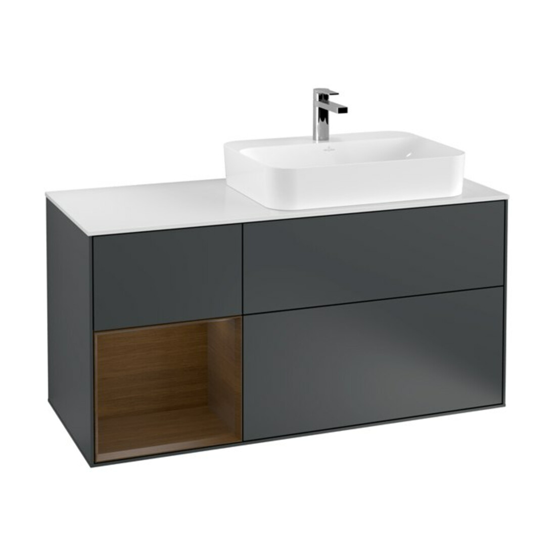 V&B Meuble sous lavabo Finion 120 cm, éclairage mural, placage noyer, laqué mat blanc