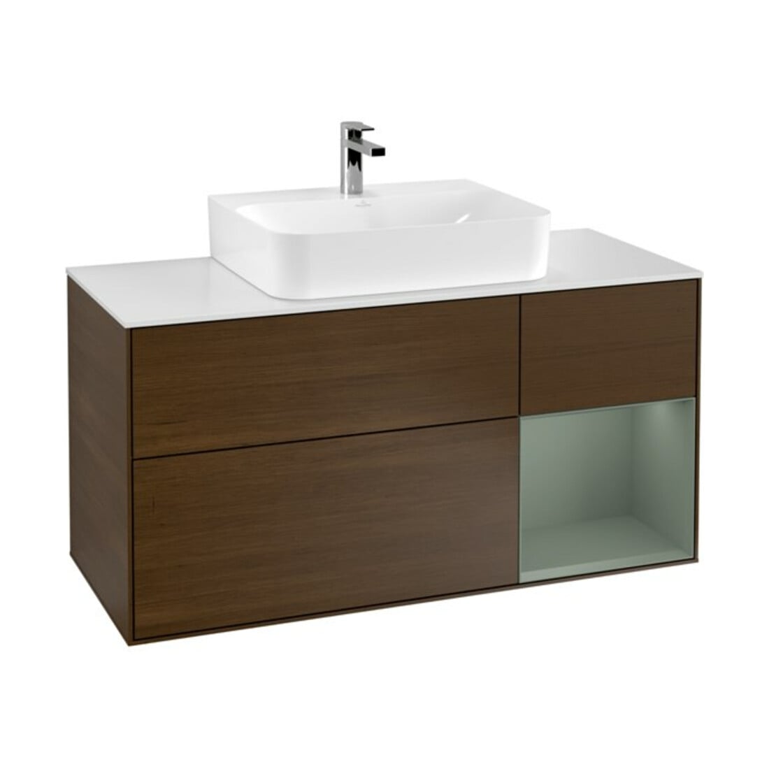 V&B Meuble sous lavabo Finion 120 cm, éclairage mural, placage noyer, laqué, veinage bois