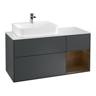 V&B Meuble sous lavabo Finion 120 cm, éclairage mural, placage noyer, mat blanc lacqué