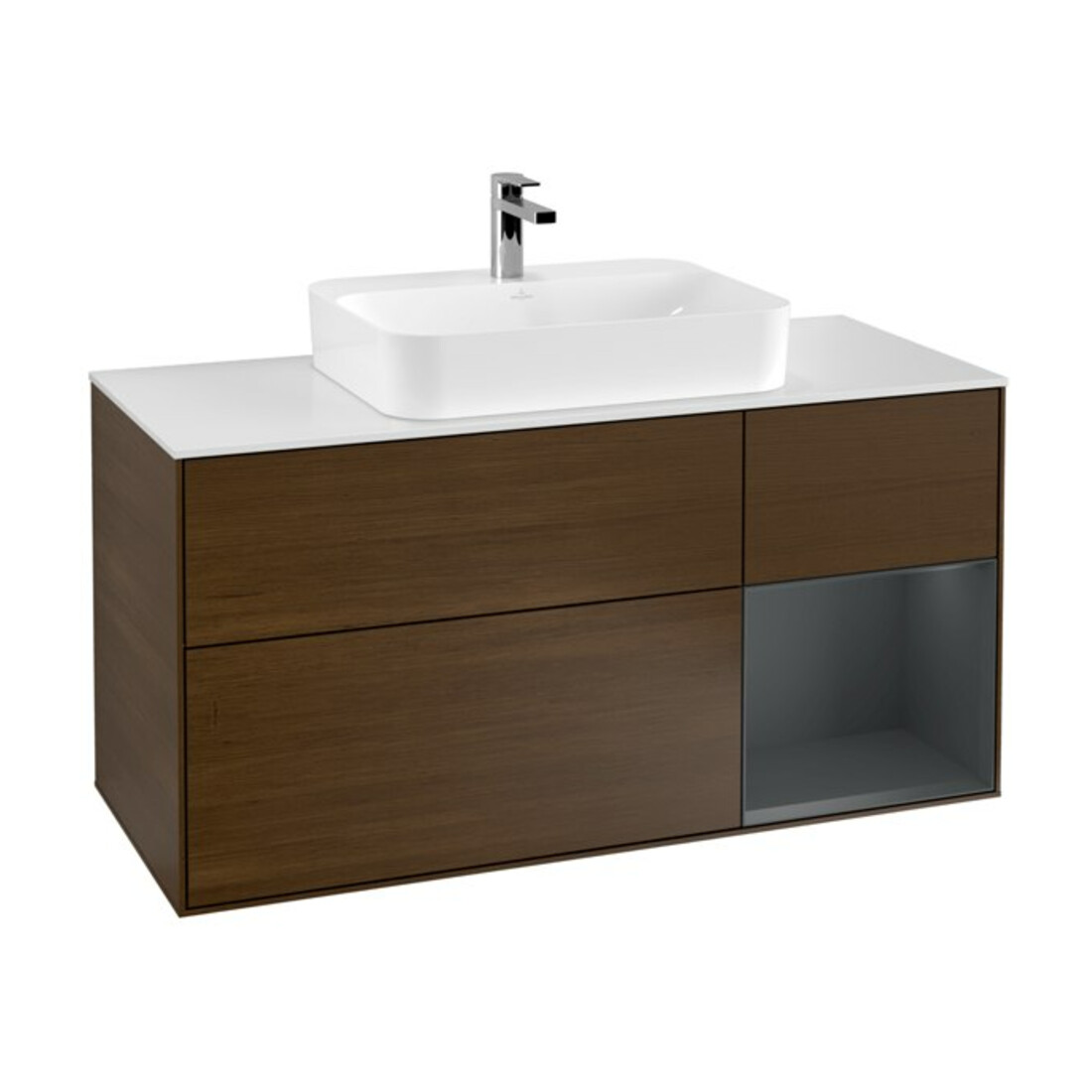 V&B Meuble sous lavabo Finion 120 cm, éclairage mural, placage noyer, miroir intégré, rangement réglable, finition blanche