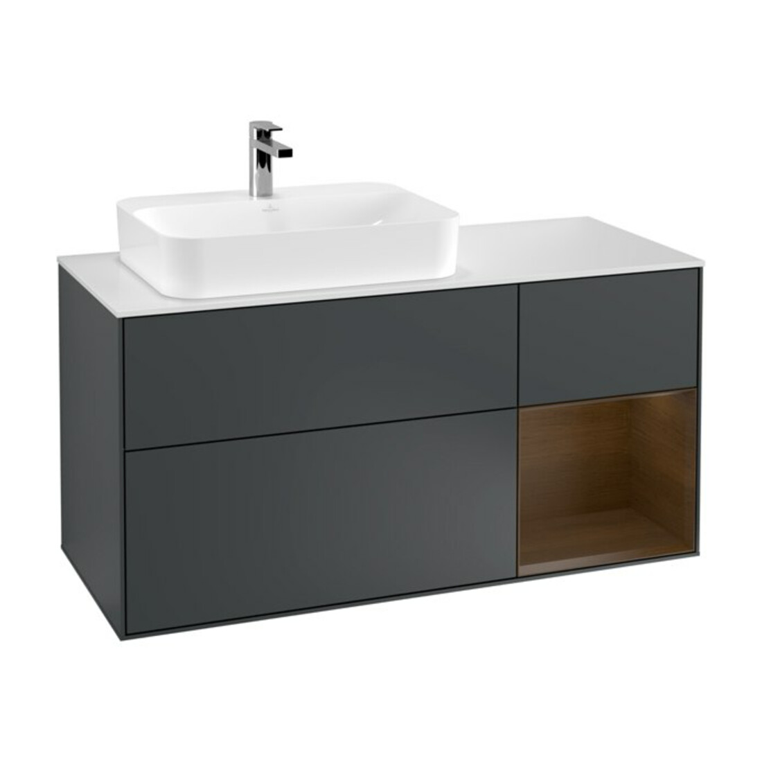 V&B Meuble sous lavabo Finion 120 cm, éclairage mural, placage noyer rouge, mat blanc mat laqué