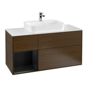 V&B Meuble sous lavabo Finion 120 cm, éclairage mural, placage noyer, tiroir gauche, bleu mat lacqué
