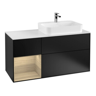 V&B Meuble sous lavabo Finion 120 cm, éclairage mural, placard gauche, bleu mat laqué