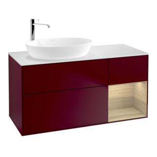 V&B Meuble sous lavabo Finion 120 cm, éclairage mural, plan de toilette blanc, étagère ouverte, poignée métal