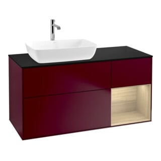 V&B Meuble sous lavabo Finion 120 cm, éclairage mural, plan lavabo bleu, étagère ouverte, poignée métal