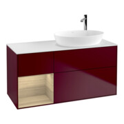 V&B Meuble sous lavabo Finion 120 cm, éclairage mural, plaque d’abattant blanche, tiroir ouvert, poignée métallique