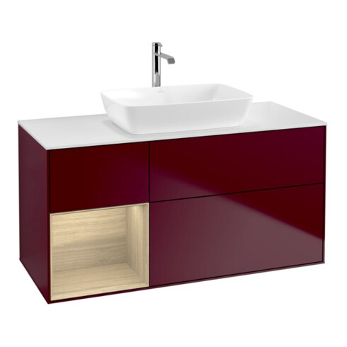 V&B Meuble sous lavabo Finion 120 cm, éclairage mural, plaque d'habillage blanche, réglette Oa ven, Peo m