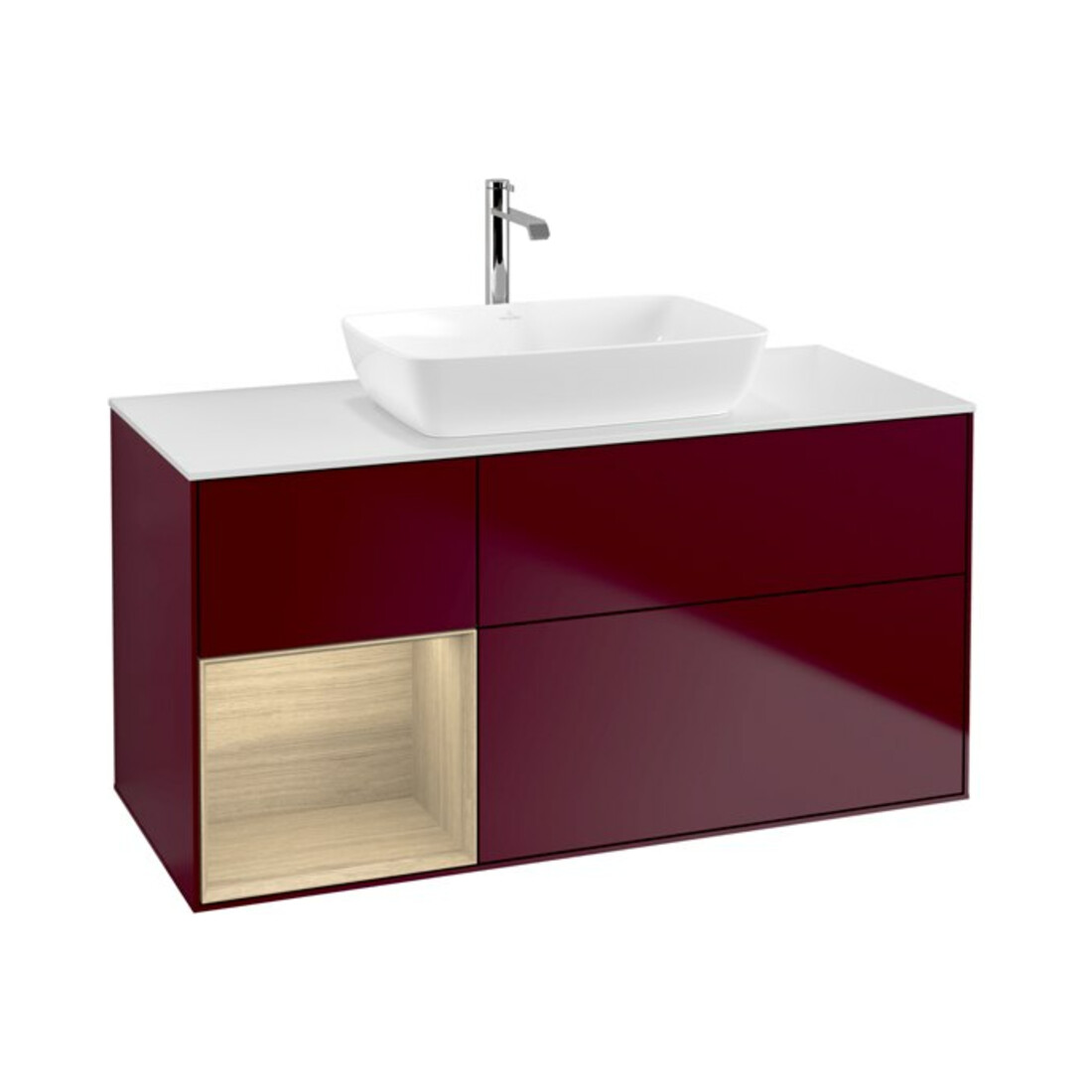 V&B Meuble sous lavabo Finion 120 cm, éclairage mural, plaque d'habillage blanche, réglette Oa ven, Peo m
