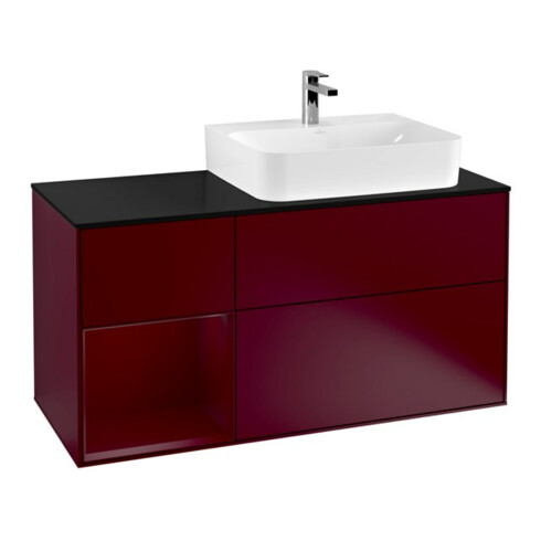 V&B Meuble sous lavabo Finion 120 cm, éclairage mural, plaque d’habillage bleue, étagère gauche, étagère milieu