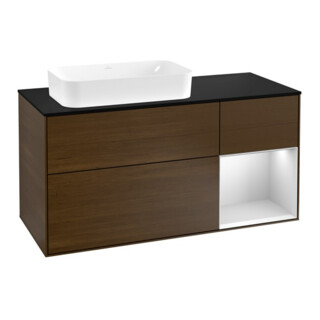 V&B Meuble sous lavabo Finion 120 cm, Pl b m, Éclairage mural, blanc mat Lac, noyer ven