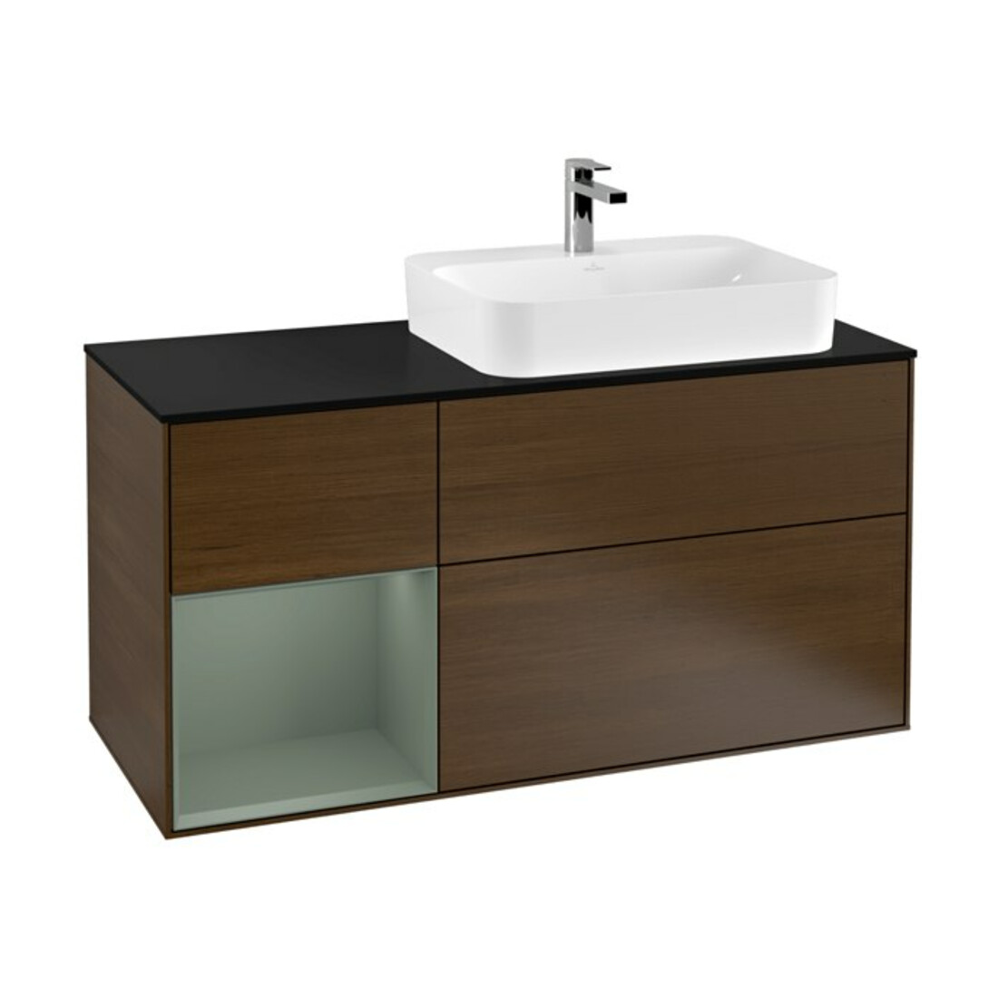 V&B Meuble sous-lavabo Finion 120 cm, Pl b m, Éclairage mural, Rg g Oli. m Lac, noyer ven