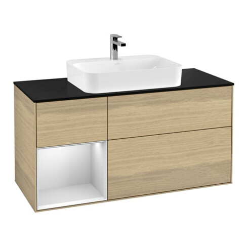 V&B Meuble sous lavabo Finion 120 cm, Pl b m, Étagère gauche blanc mat avec laque, Oa ven