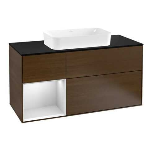 V&B Meuble sous-lavabo Finion 120 cm, Pl b m, Étagère gauche blanc mat Lac, placage noyer