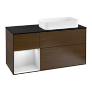 V&B Meuble sous lavabo Finion 120 cm, Pl b m, Étagère gauche blanc mat laqué, noyer veinée