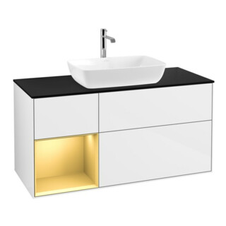 V&B Meuble sous-lavabo Finion 120 cm, Pl b m, Rg doré m Lac, blanc brillant Lac