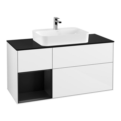 V&B Meuble sous lavabo Finion 120 cm, Pl b m, Rg l b m Lac, blanc brillant Lac