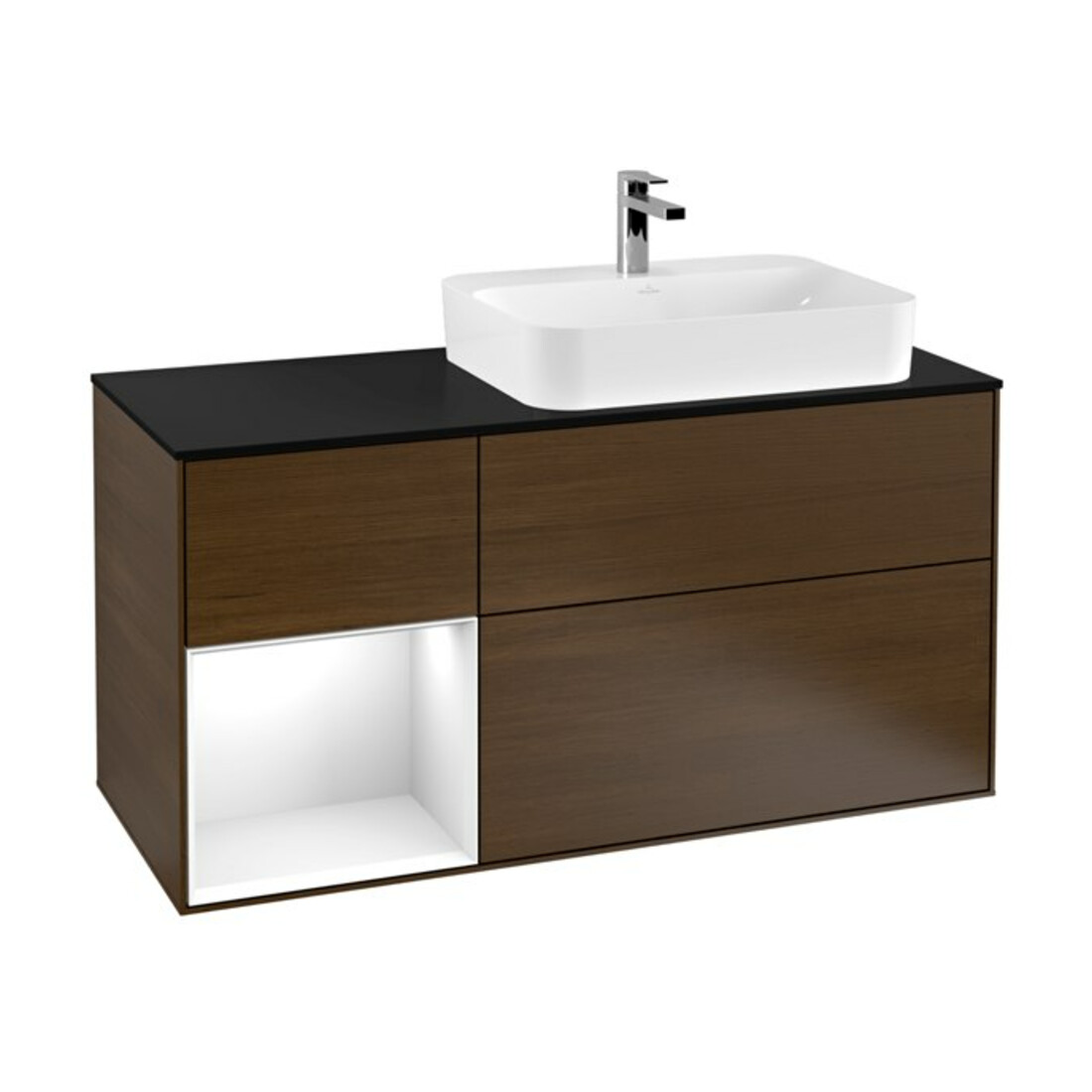 V&B Meuble sous lavabo Finion 120 cm, Pl b m, Rg l glo blc laqué, noyer ven