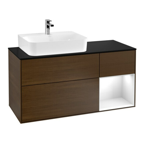 V&B Meuble sous-lavabo Finion 120 cm, Pl b m, Rg r blanc brillant, placage noyer