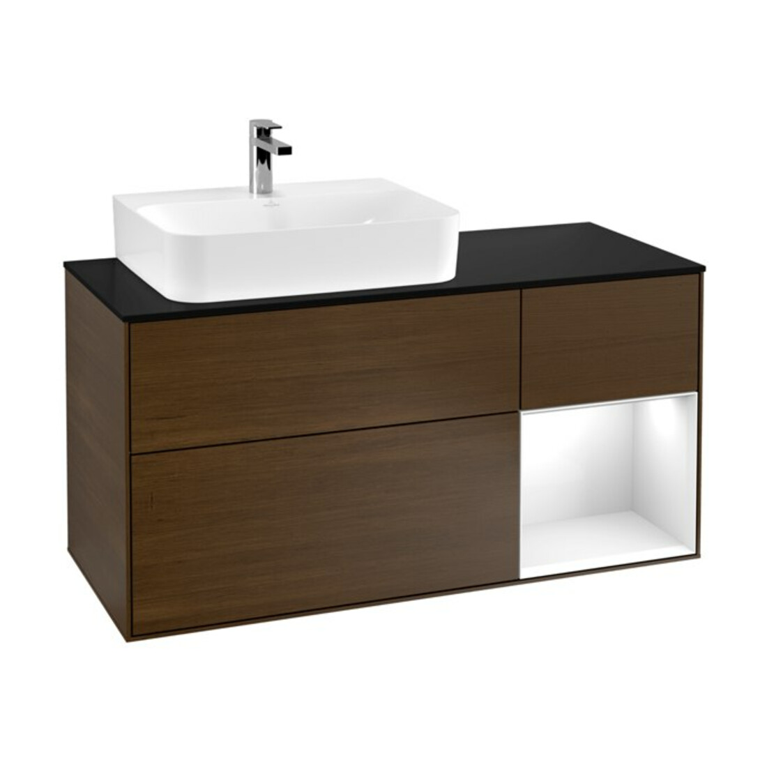 V&B Meuble sous-lavabo Finion 120 cm, Pl b m, Rg r blanc brillant, placage noyer