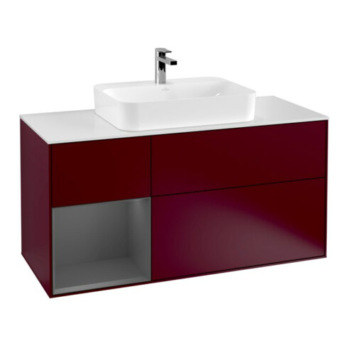 V&B Meuble sous lavabo Finion 120 cm, pl blanc mat, étagère gauche anthracite mat, poignée mat