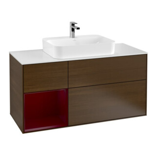 V&B Meuble sous lavabo Finion 120 cm, Pl blanc mat, étagère gauche Peo, noyer ven