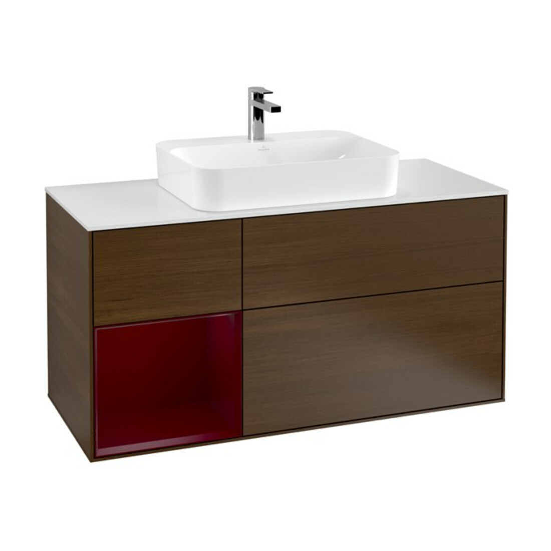 V&B Meuble sous lavabo Finion 120 cm, Pl blanc mat, étagère gauche Peo, noyer ven