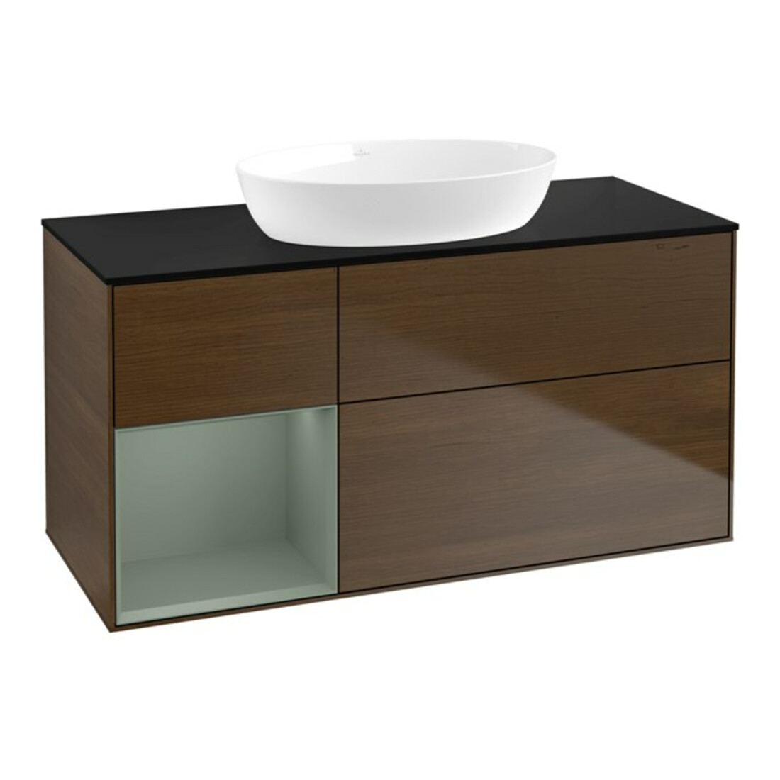 V&B Meuble sous lavabo Finion 120 cm, Pl blanc mat, étagère olivier mat laqué, noyer veinée