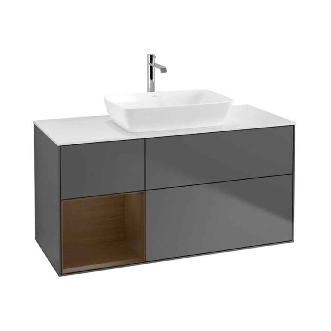 V&B Meuble sous lavabo Finion 120 cm, Pl blanc mat, Reg bois noyer, Anthracite mat