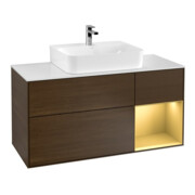 V&B Meuble sous-lavabo Finion 120 cm, Pl blanc mat, Reg droite or mat, noyer veinée