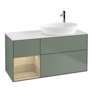 V&B Meuble sous lavabo Finion 120 cm, pl blanc mat, rég Oa ven, olivier mat laqué