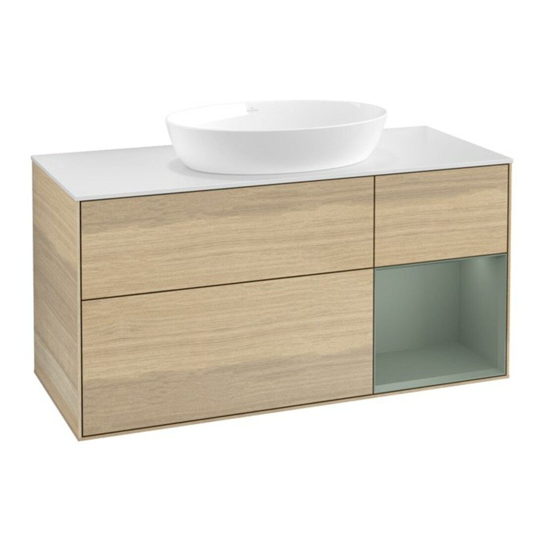 V&B Meuble sous lavabo Finion 120 cm, pl blanc mat, rég olive mat laqué, oa ven